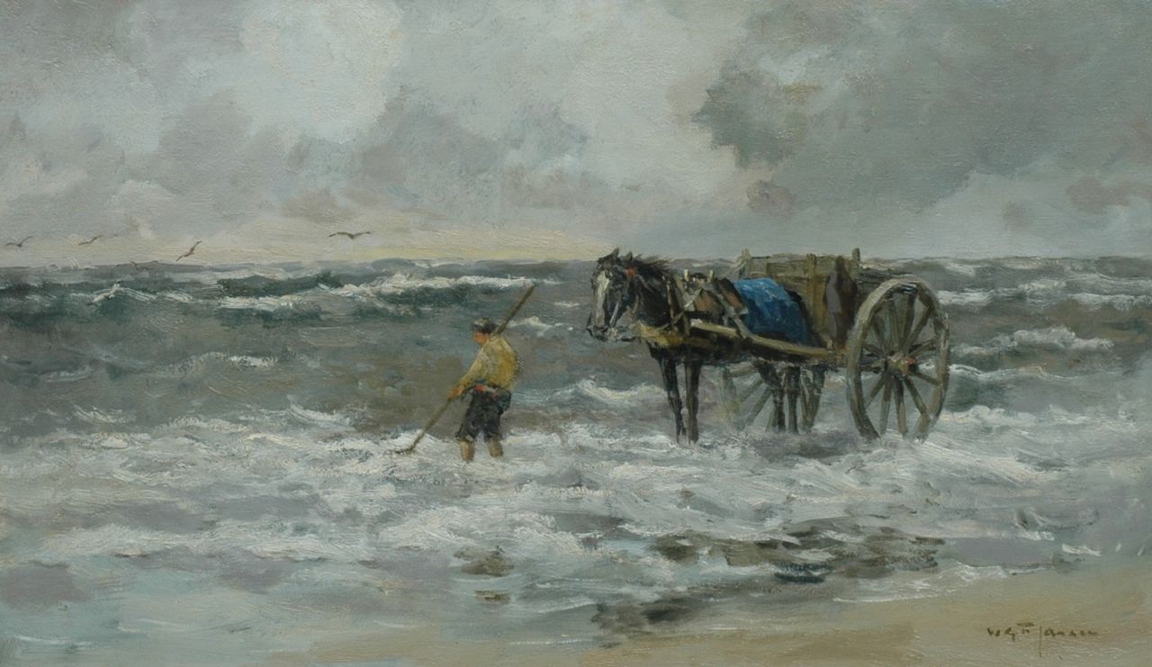 Jansen W.G.F.  | 'Willem' George Frederik Jansen, A shell-fisher, Öl auf Leinwand 59,0 x 100,2 cm, signed l.r.