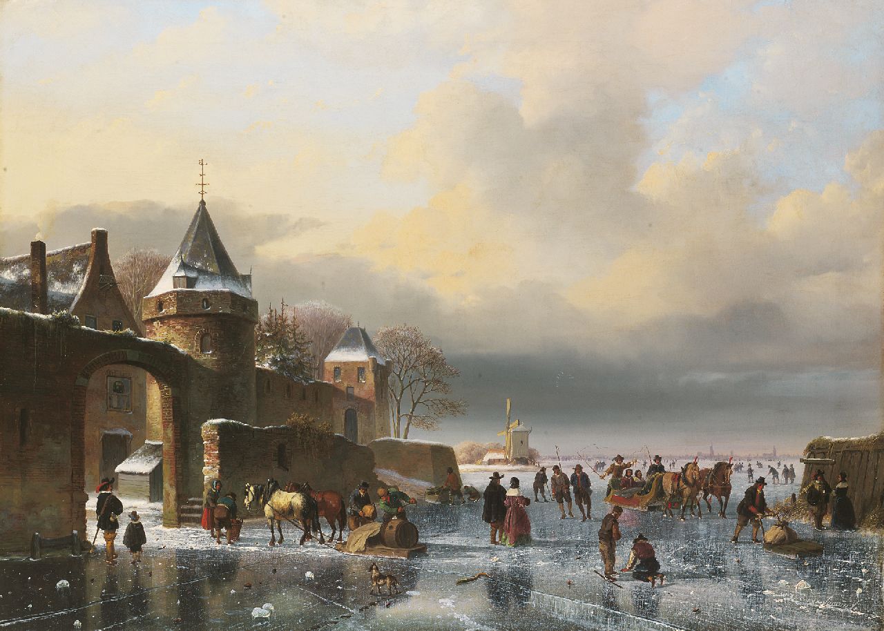 Roosenboom N.J.  | Nicolaas Johannes Roosenboom, A frozen river with skaters and horse-drawn sledges, Öl auf Leinwand 67,0 x 93,7 cm, signed l.r.