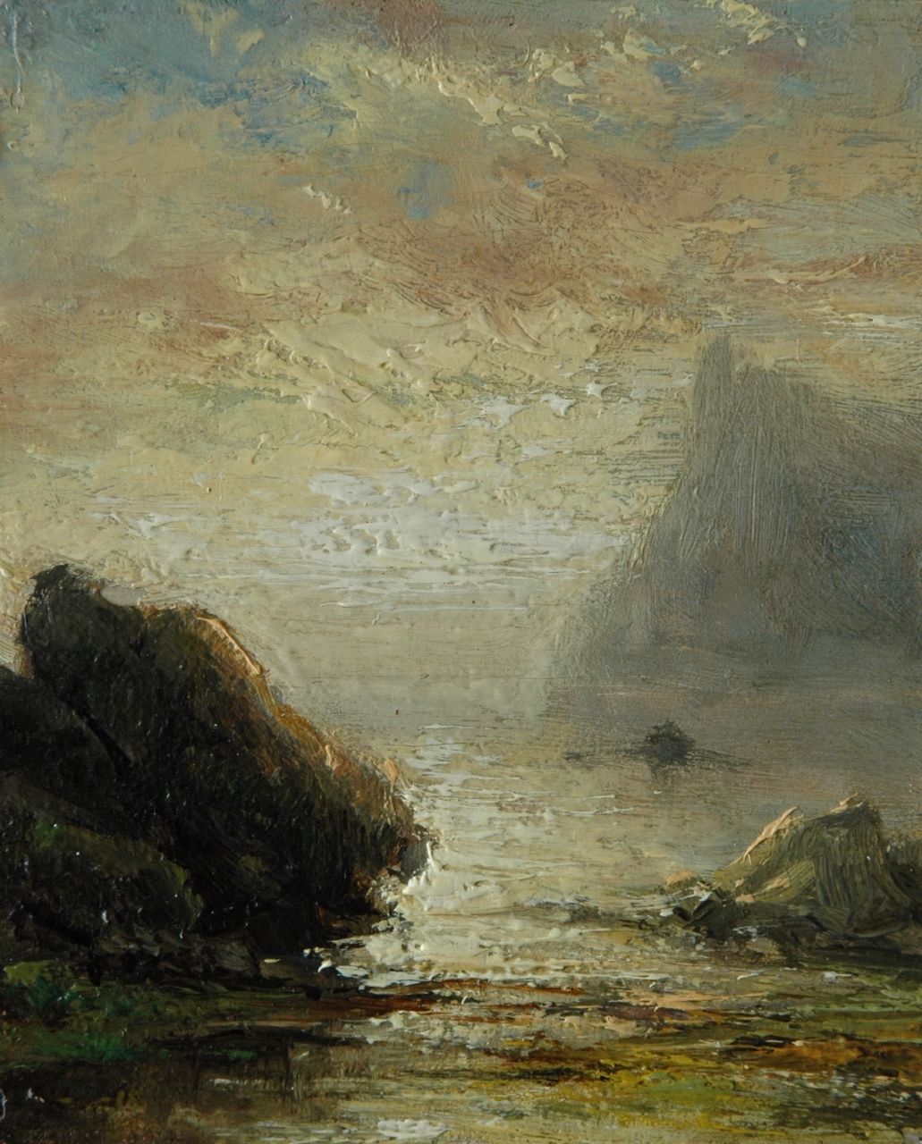 Koekkoek J.H.B.  | Johannes Hermanus Barend 'Jan H.B.' Koekkoek, A coastal landscape at sunset, Öl auf Holz 11,1 x 9,1 cm