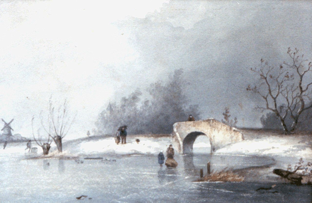 Apol L.F.H.  | Lodewijk Franciscus Hendrik 'Louis' Apol, A frozen river with skaters by a bowbridge, Aquarell auf Papier 22,3 x 32,3 cm, Unterzeichnet l.u. und zu datieren ca. 1867