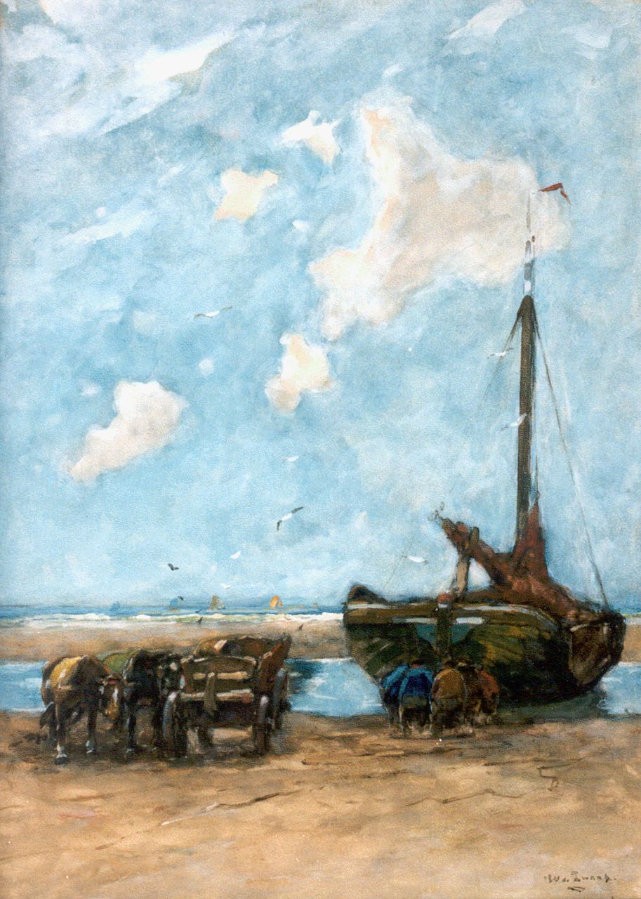 Zwart W.H.P.J. de | Wilhelmus Hendrikus Petrus Johannes 'Willem' de Zwart, Unloading the catch, Scheveningen, Aquarell auf Papier 56,5 x 40,5 cm, signed l.r.