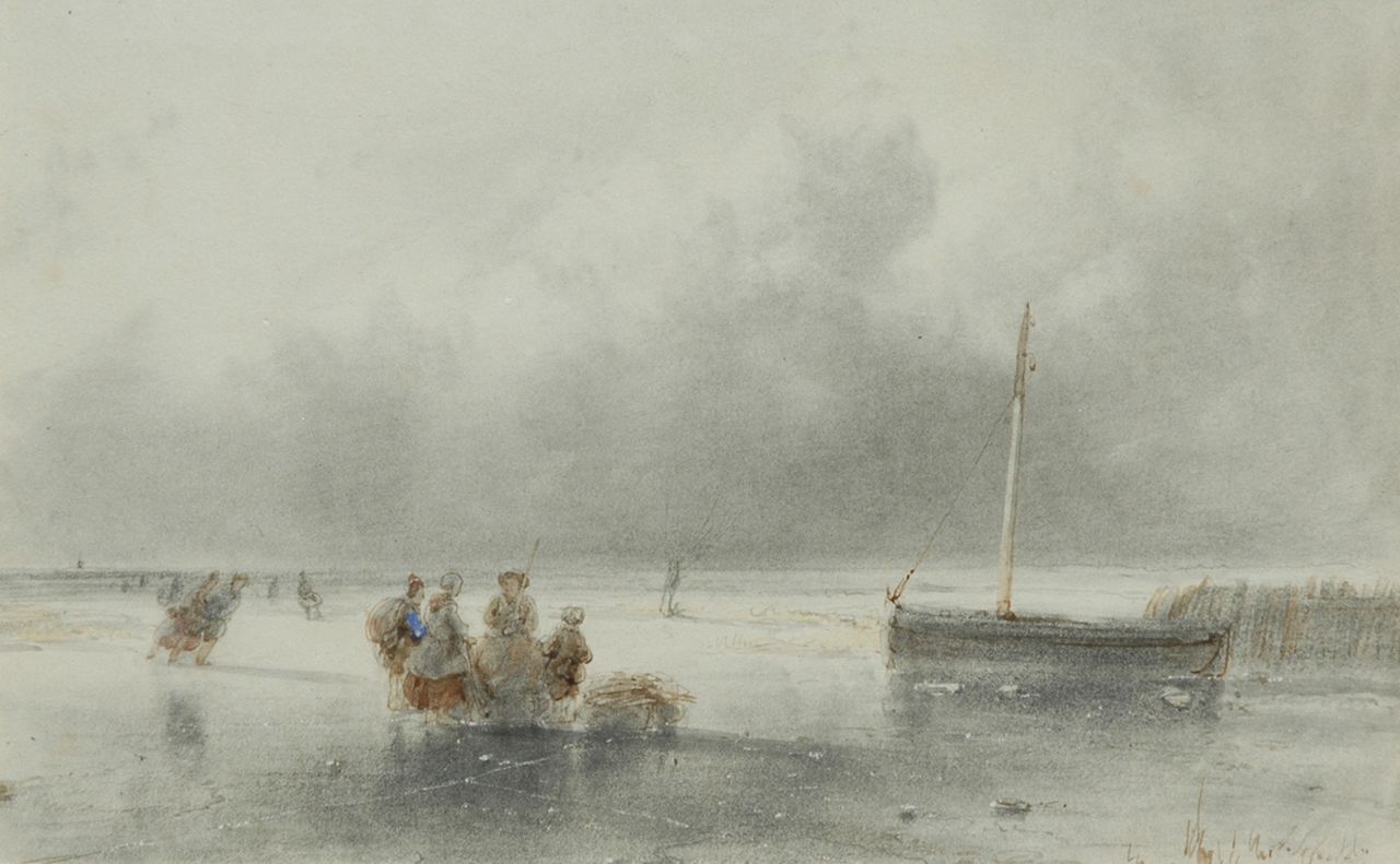 Schelfhout A.  | Andreas Schelfhout, A frozen waterway with skaters, Feder, Tinte und Aquarell auf Papier 12,0 x 18,5 cm, signed l.r.