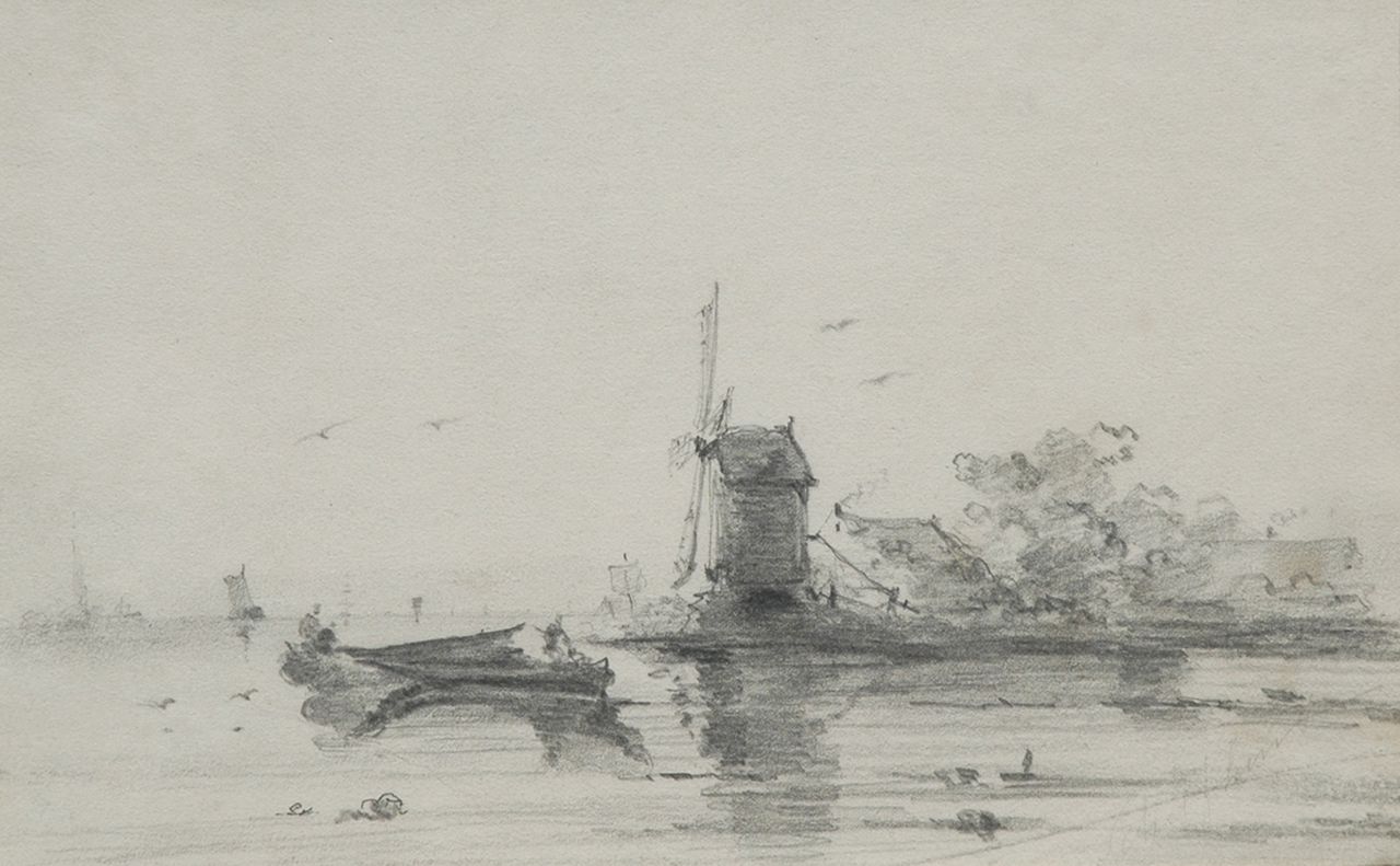 Schelfhout A.  | Andreas Schelfhout, A windmill along a river bend, Bleistift auf Papier 16,8 x 24,6 cm, signed l.r. und painted 1848