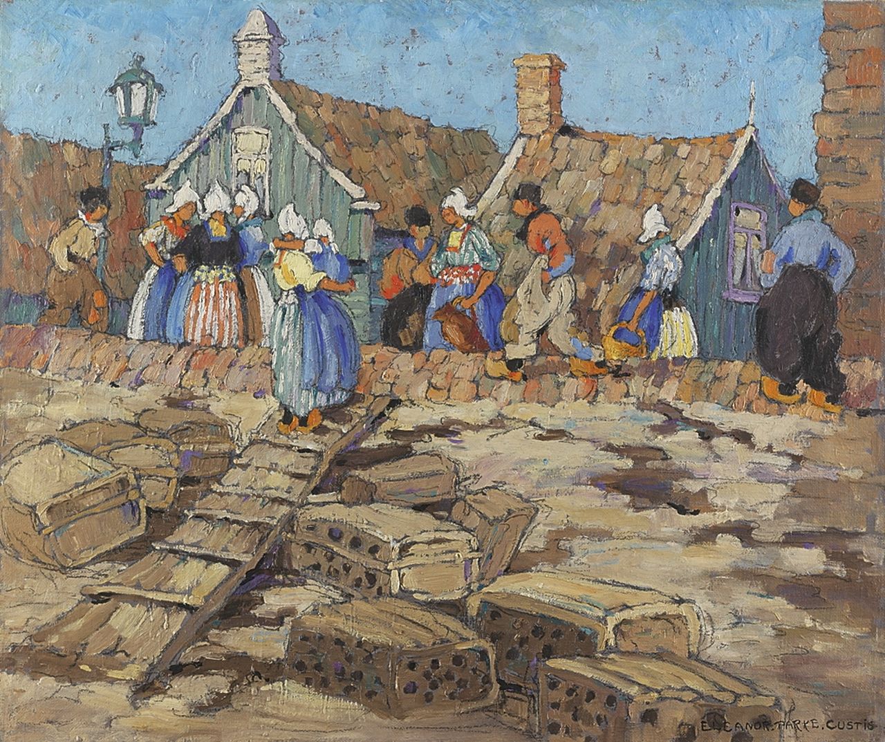 Eleanor Parke Custis | Fischkisten bei Ebbe auf dem Deich von Volendam, Öl auf Leinwand, 51,2 x 61,1 cm, Unterzeichnet r.u.