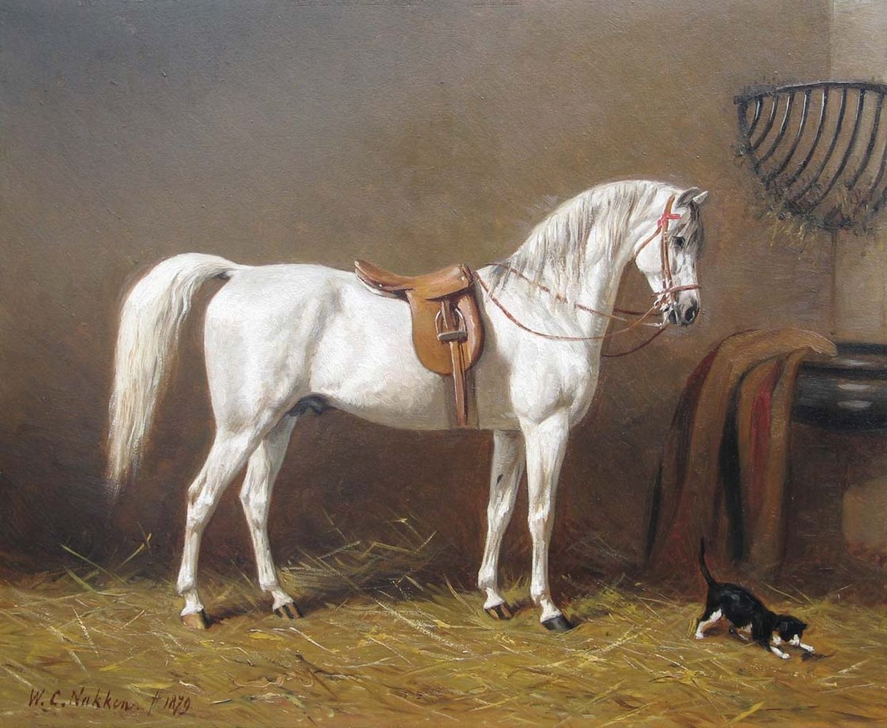 Nakken W.K.  | Willem Karel 'W.C.' Nakken, A grey in it's stable, Öl auf Holz 39,7 x 48,0 cm, signed l.l. und dated 1897