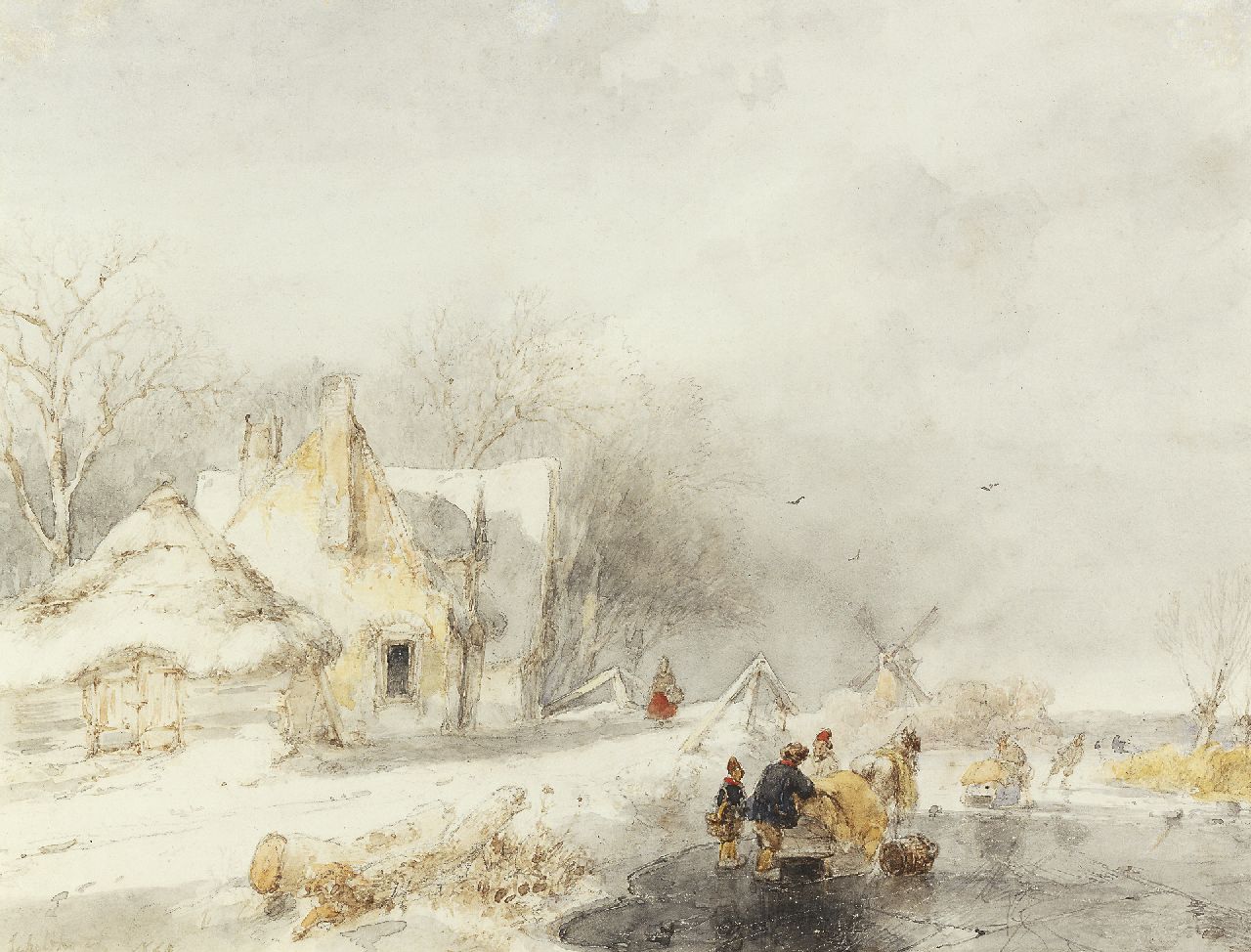 Schelfhout A.  | Andreas Schelfhout, Skaters in a frozen winter landscape, Aquarell auf Papier 20,9 x 26,4 cm, signed l.l. und painted 1848