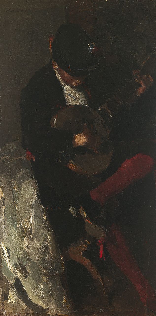 Zwart W.H.P.J. de | Wilhelmus Hendrikus Petrus Johannes 'Willem' de Zwart, The young musician in Spanish costume, Öl auf Holz 42,0 x 21,7 cm, signed u.l. und painted 1889