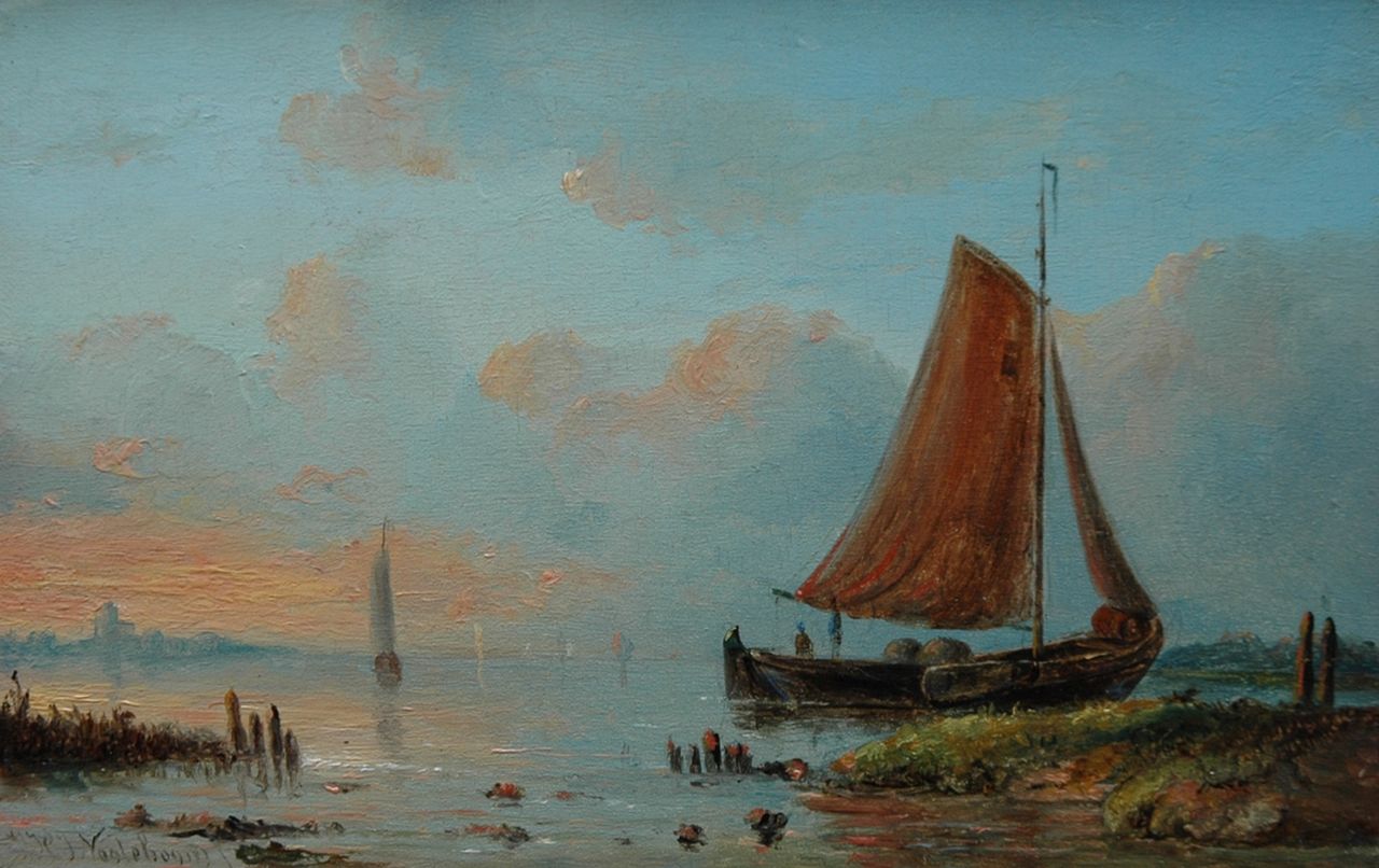 Nooteboom J.H.J.  | Jacobus Hendricus Johannes  Nooteboom, A moored fishing boat at sunset, Öl auf Holz 11,0 x 17,4 cm, signed l.l.