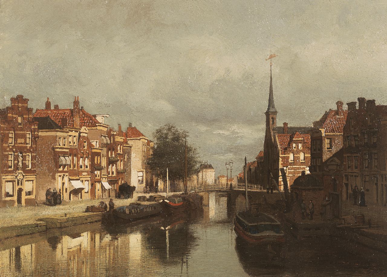 Klinkenberg J.C.K.  | Johannes Christiaan Karel Klinkenberg, A canal scene with the Lutherse Kerk on the Noordeinde, Delft, Öl auf Holz 19,9 x 27,0 cm, signed l.r.