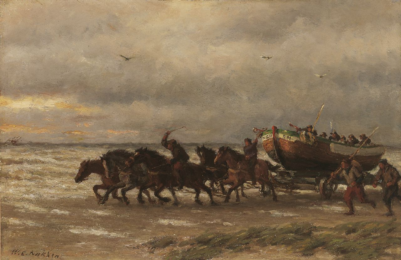 Nakken W.K.  | Willem Karel 'W.C.' Nakken, A life-boat of the National Life-Boat Society in full action, Öl auf Holz 34,5 x 52,5 cm, signed l.l.