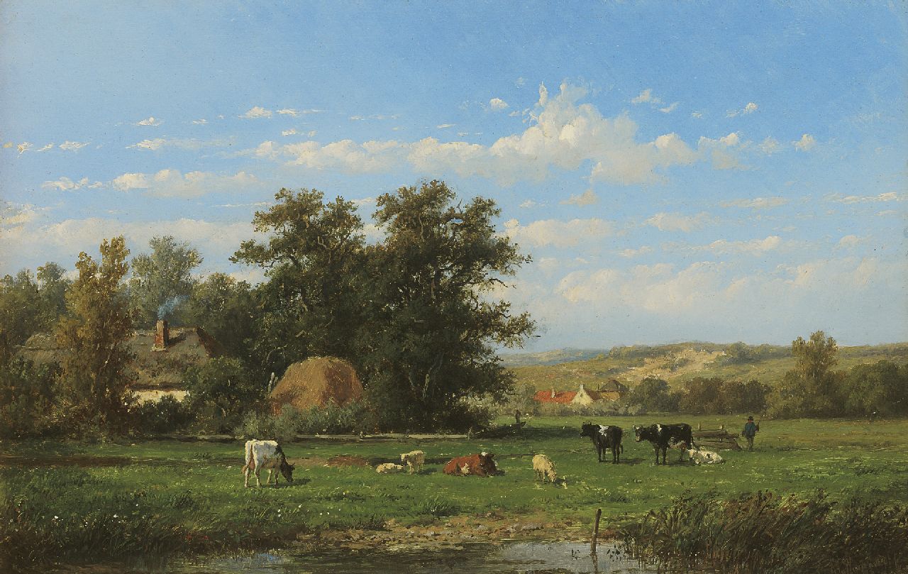 Wijngaerdt A.J. van | Anthonie Jacobus van Wijngaerdt, Cattle behind the dunes in a summer landscape, Öl auf Holz 25,2 x 37,1 cm, signed l.r.
