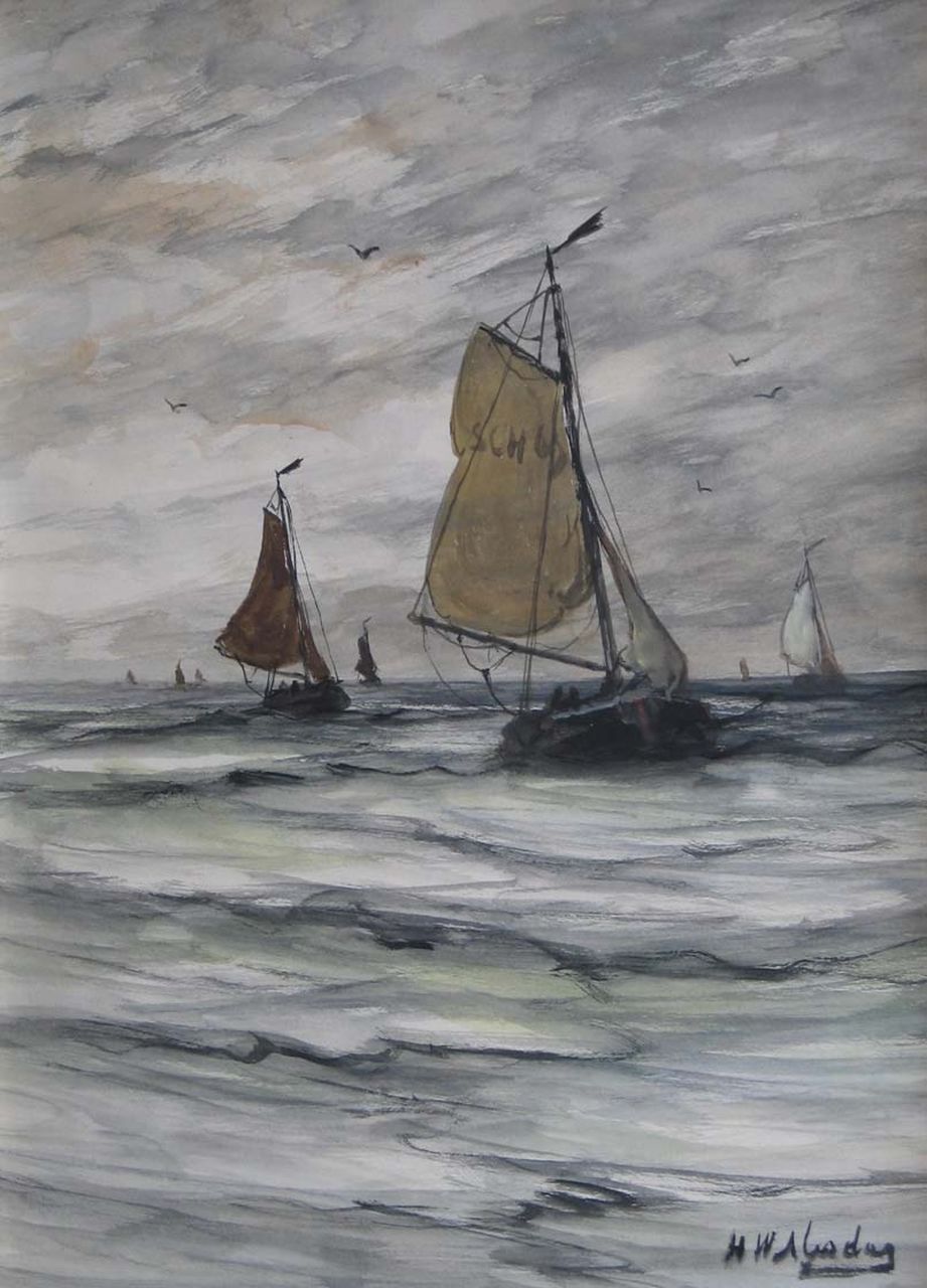 Mesdag H.W.  | Hendrik Willem Mesdag, Scheveningen fishing boats returning to the beach, Aquarell auf Papier 40,2 x 29,8 cm, signed l.r.