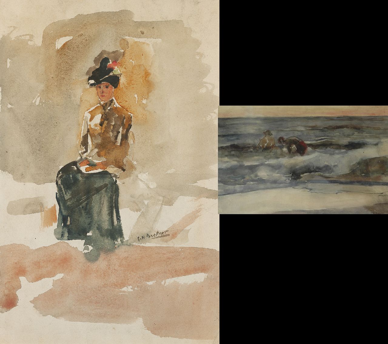 Breitner G.H.  | George Hendrik Breitner, An elegant woman, seated; verso: two figures boys in the breakers, Aquarell auf Papier 53,6 x 34,9 cm, signed r.c. and on the reverse