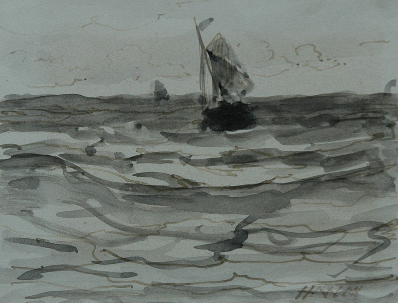 Mesdag H.W.  | Hendrik Willem Mesdag, Fishing boat at sea, Pinsel in schwarzer Tinte und Aquarell auf Papier 8,7 x 11,2 cm, signed l.r. with initials und dated 's January 1883'