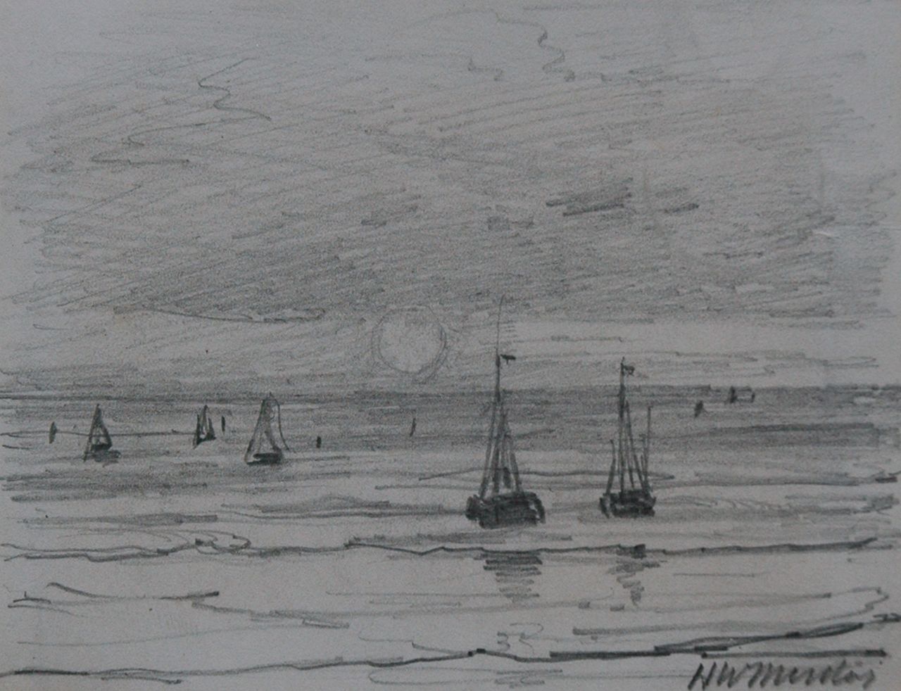 Mesdag H.W.  | Hendrik Willem Mesdag, Fishing boats off the coast, Bleistift auf Papier 8,7 x 11,2 cm, signed l.r.