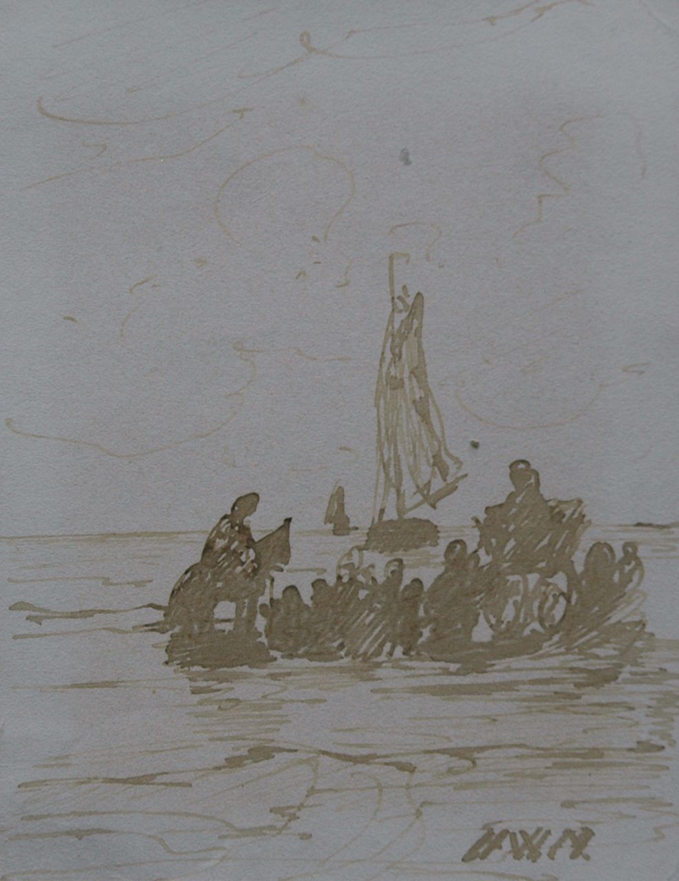 Mesdag H.W.  | Hendrik Willem Mesdag, Awaiting the fleet, Feder in brauner Tinte auf Papier 11,2 x 8,7 cm, signed l.r. with initials