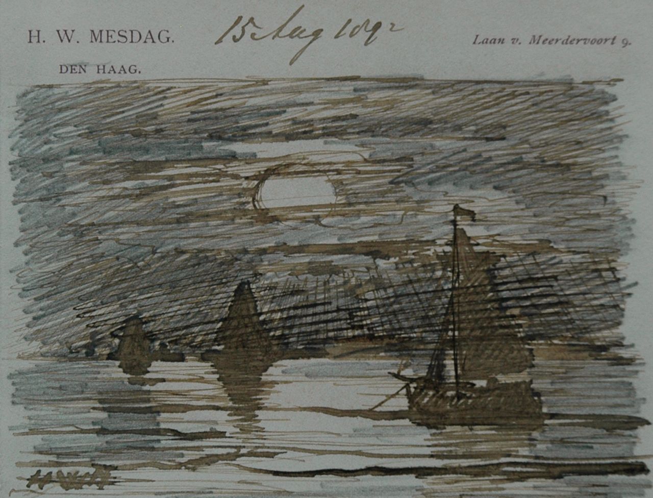 Mesdag H.W.  | Hendrik Willem Mesdag, Ships at sunset, Bleistift, Feder in brauner Tinte auf Papier 8,7 x 11,2 cm, signed l.l. with initials und dated August 15th 1892
