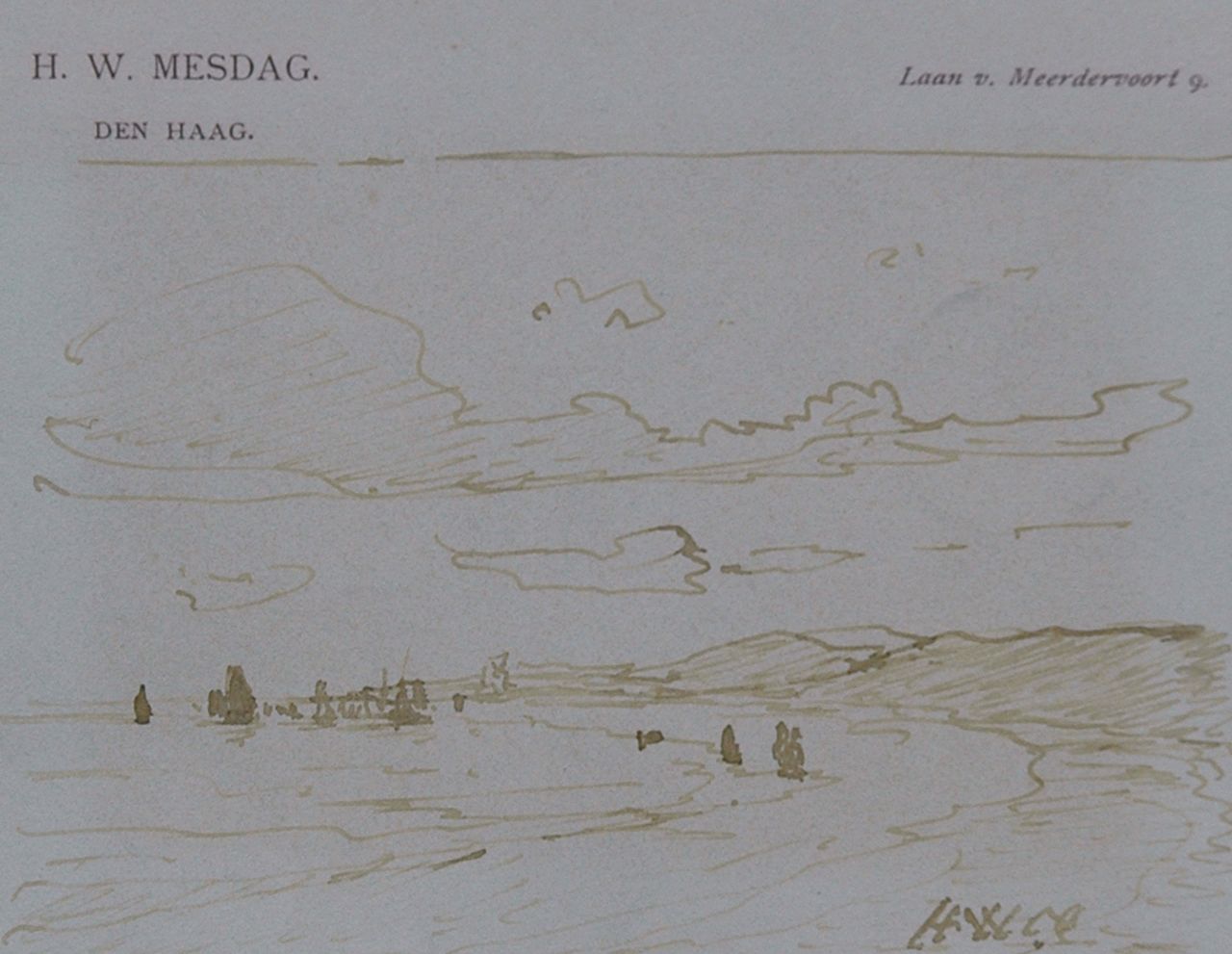 Mesdag H.W.  | Hendrik Willem Mesdag, A view from the dunes, Feder in brauner Tinte auf Papier 8,7 x 11,2 cm, signed l.r. with initials