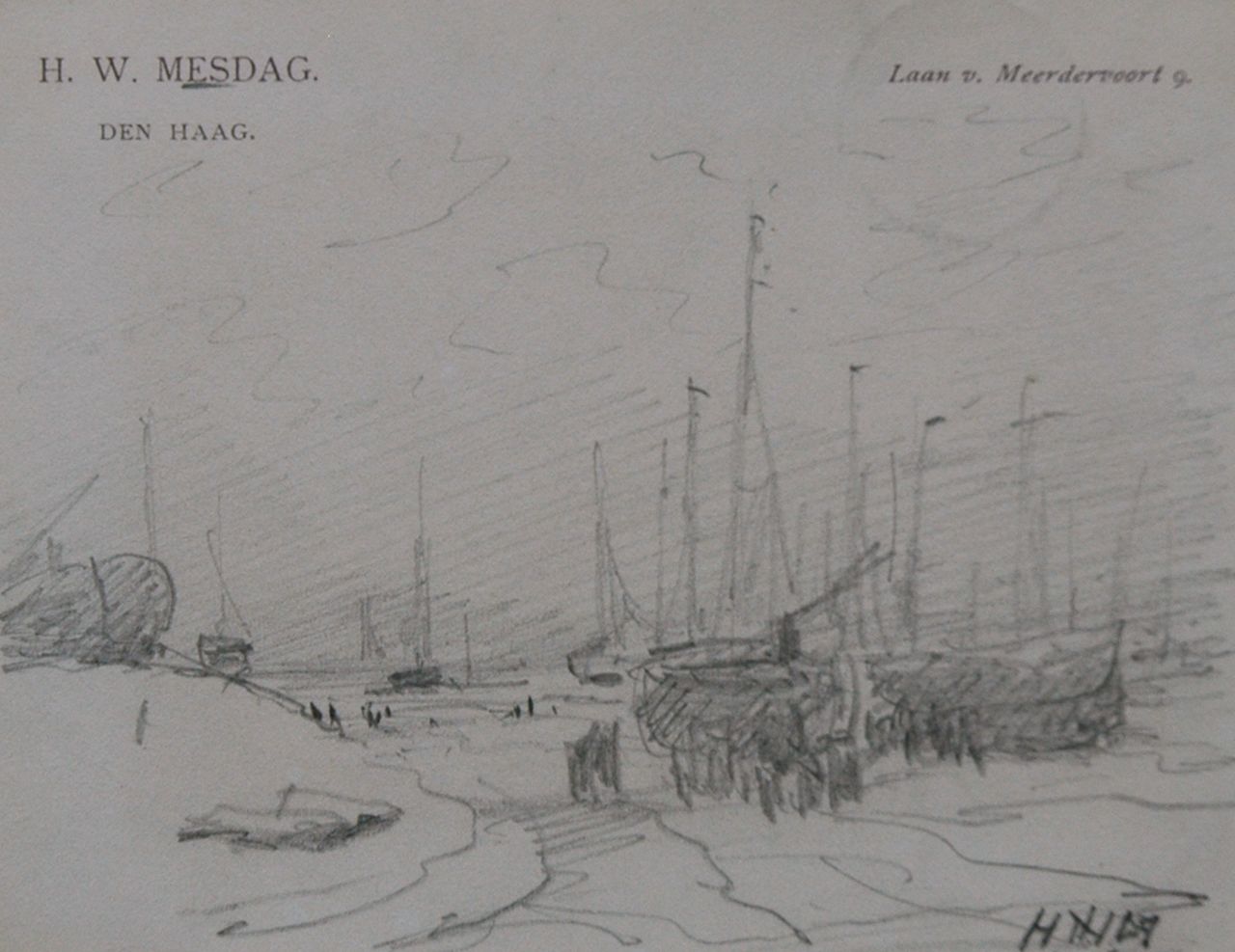 Mesdag H.W.  | Hendrik Willem Mesdag, Fishermen and barges on the beach, Bleistift auf Papier 8,7 x 11,2 cm, signed l.r. with initials