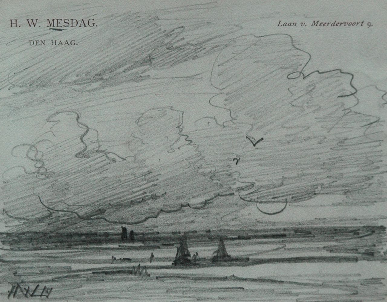 Mesdag H.W.  | Hendrik Willem Mesdag, A beach at sunset, Bleistift auf Papier 8,7 x 11,2 cm, signed l.l. with initials