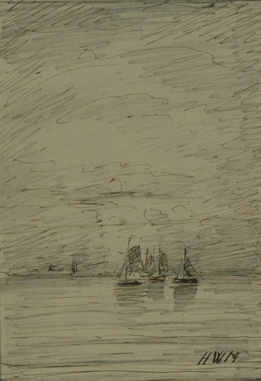 Mesdag H.W.  | Hendrik Willem Mesdag, Ships at sea, Bleistift, Feder in schwarzer Tinte auf Papier 13,7 x 9,9 cm, signed l.r. with initials