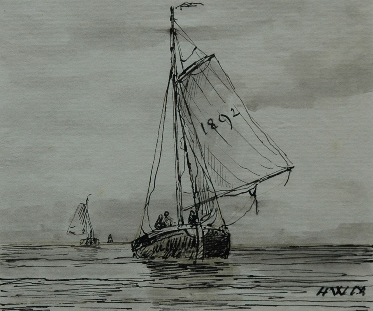 Mesdag H.W.  | Hendrik Willem Mesdag, A barge returning from sea, Feder und Pinsel in Tinte auf Papier 9,6 x 11,5 cm, signed l.r. with initials und dated 1892