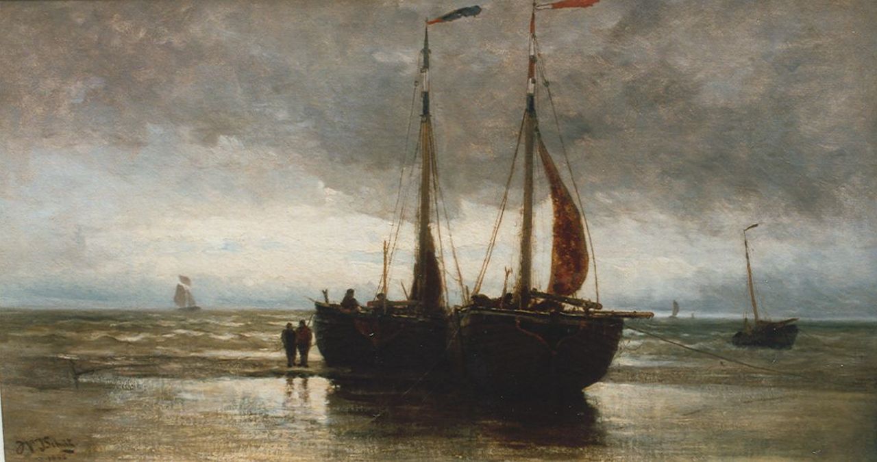 Schütz W.J.  | Willem Johannes Schütz, Vessels on the beach, Öl auf Leinwand 45,5 x 82,5 cm, signed l.l.