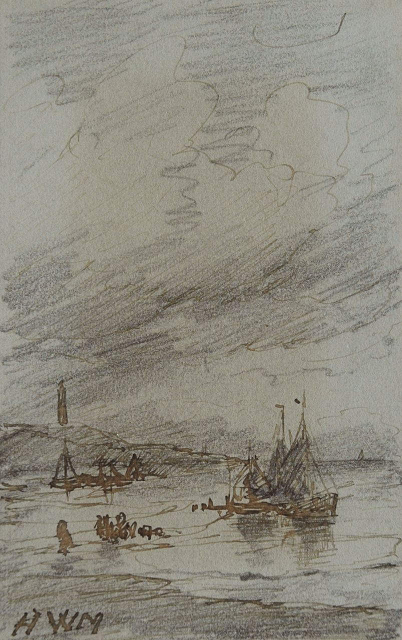 Mesdag H.W.  | Hendrik Willem Mesdag, Fishing boats near the Scheveningen lighthouse, Bleistift, Feder in brauner Tinte auf Papier 10,1 x 6,4 cm, signed l.l. with initials
