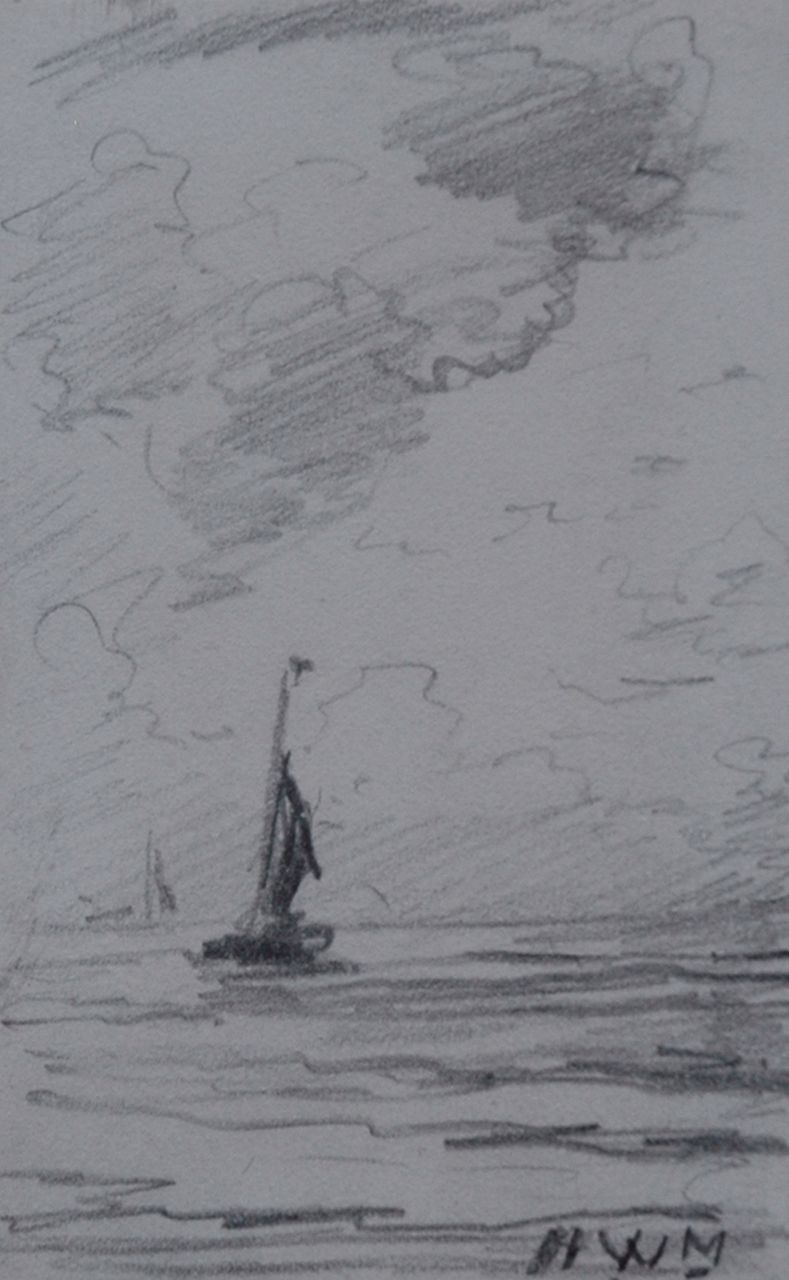 Mesdag H.W.  | Hendrik Willem Mesdag, 'Bomschuit' at sea, Bleistift auf Papier 10,1 x 6,4 cm, signed l.r. with initials