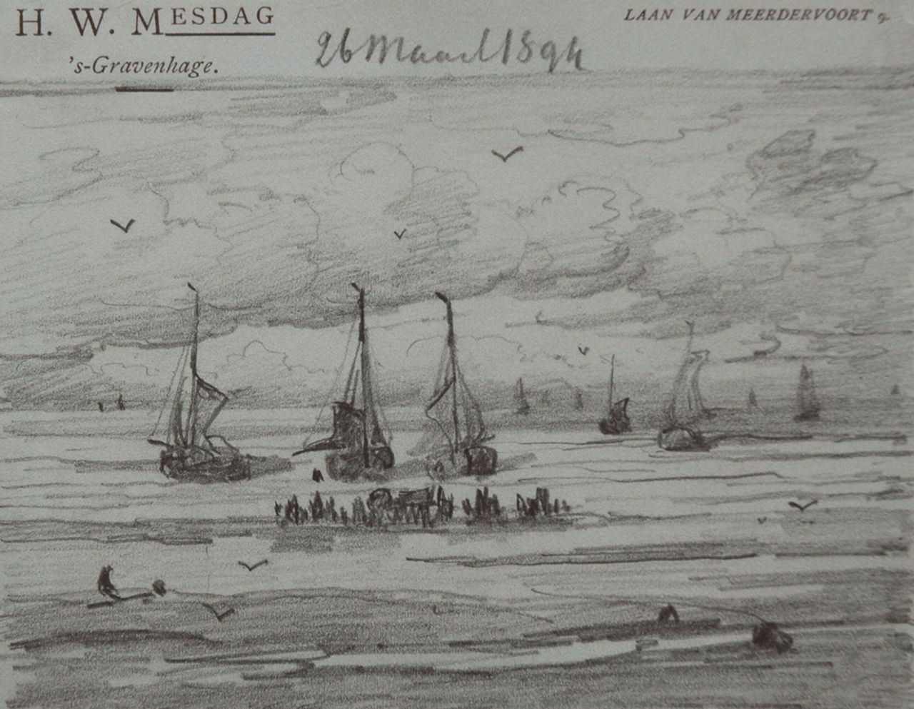 Mesdag H.W.  | Hendrik Willem Mesdag, The return of the fishing fleet, Bleistift auf Papier 11,3 x 14,5 cm, gedateerd 26 Maart 1894