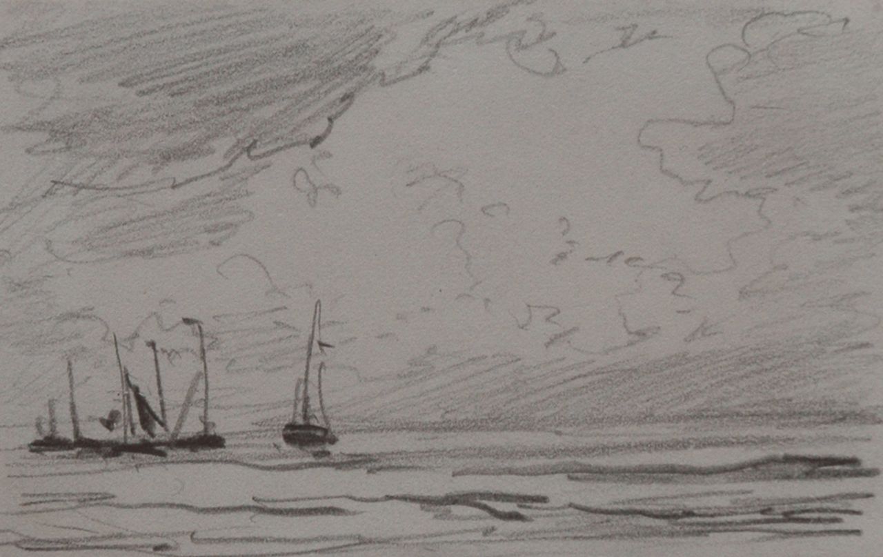 Mesdag H.W.  | Hendrik Willem Mesdag, Barges sailing out, Bleistift auf Papier 6,4 x 10,1 cm