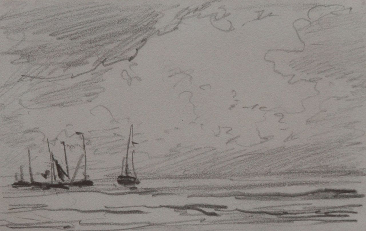 Mesdag H.W.  | Hendrik Willem Mesdag, Barges sailing out, Bleistift auf Papier 6,4 x 10,1 cm