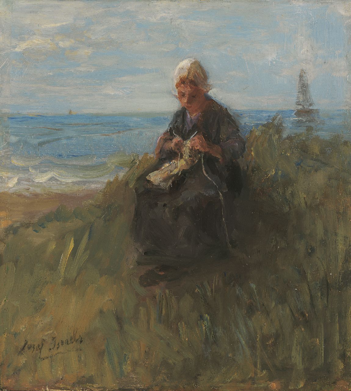 Israëls J.  | Jozef Israëls, A knitting girl in the dunes, Öl auf Holz 30,0 x 27,5 cm, signed l.l. und dated ca. 1900