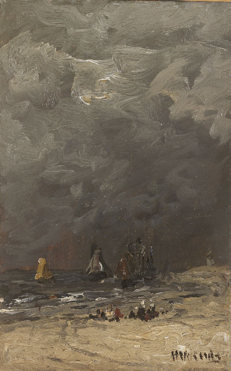 Mesdag H.W.  | Hendrik Willem Mesdag, Awaiting the return of the fishing fleet, Öl auf Holz 24,7 x 15,7 cm, signed l.r.
