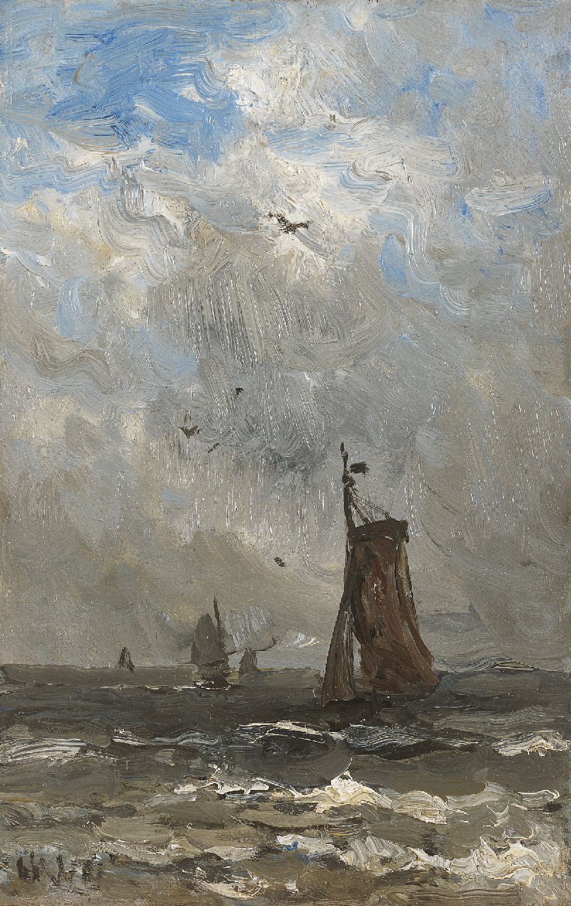 Mesdag H.W.  | Hendrik Willem Mesdag, Barges at sea, Öl auf Holz 24,7 x 15,7 cm, signed l.l. with initials