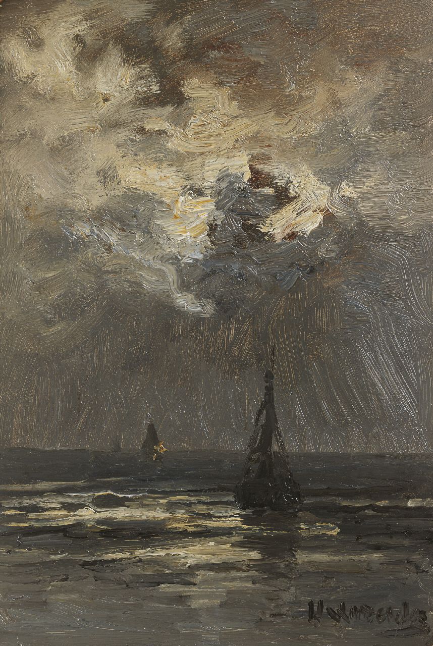 Mesdag H.W.  | Hendrik Willem Mesdag, Fishing boats in a calm by moonlight, Öl auf Holz 35,0 x 23,5 cm, signed l.r. und painted ca. 1895