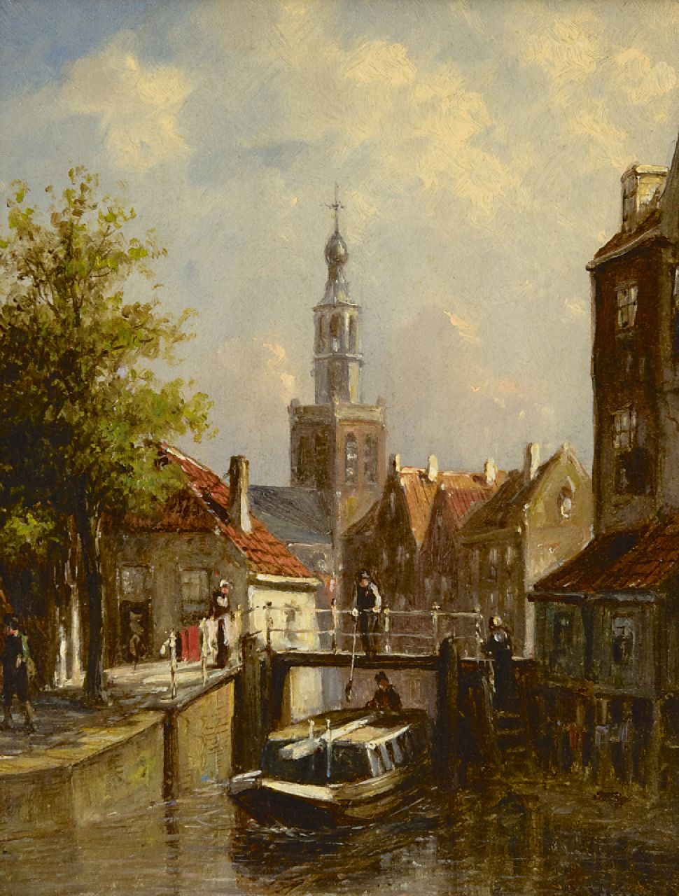 Vertin P.G.  | Petrus Gerardus Vertin, Sommerliche Stadtansicht mit der St. Janskerk von Gouda, Öl auf Holz 19,3 x 15,4 cm, Unterzeichnet r.u.