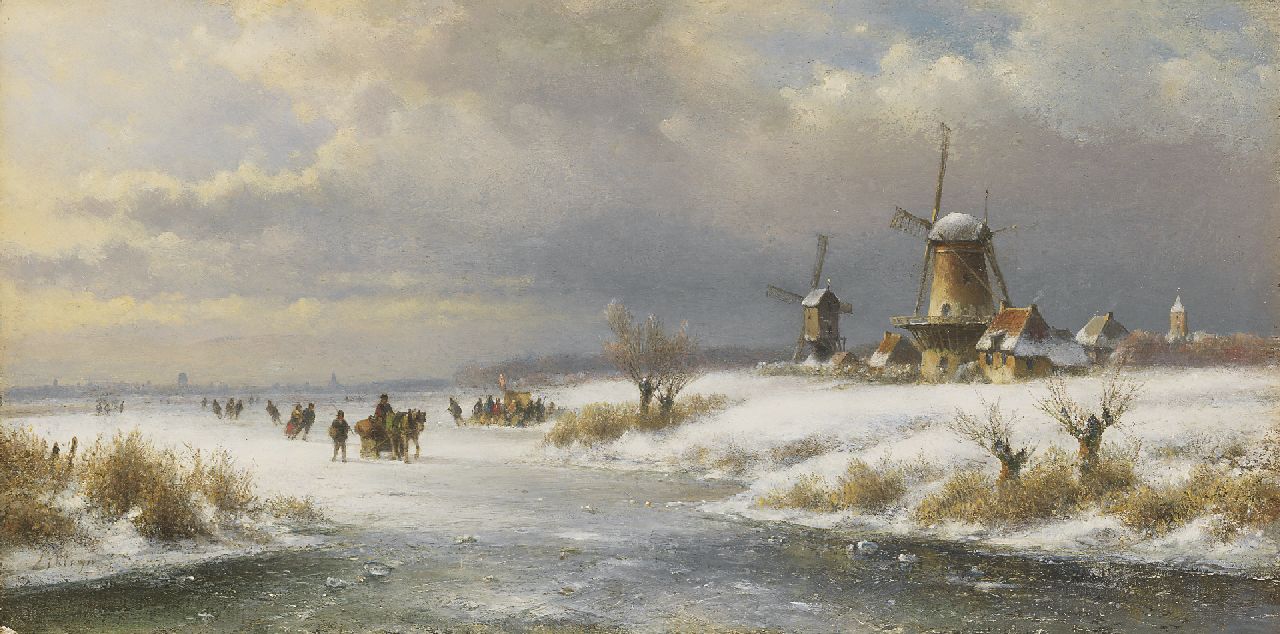 Kleijn L.J.  | Lodewijk Johannes Kleijn, A winter landscape with skaters and a sledge, Öl auf Holz 26,6 x 52,8 cm, signed l.l.
