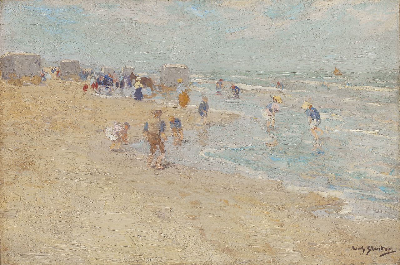 Sluiter J.W.  | Jan Willem 'Willy' Sluiter, Paddling on the beach of Scheveningen, Öl auf Leinwand 30,9 x 45,9 cm, signed l.r.