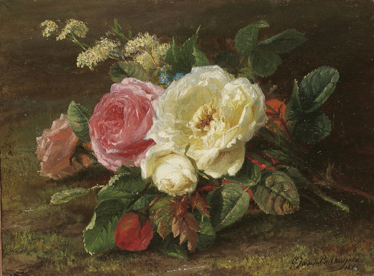 Sande Bakhuyzen G.J. van de | 'Gerardine' Jacoba van de Sande Bakhuyzen, Roses on a forest ground, Öl auf Holz 14,7 x 19,8 cm, signed l.r. und painted 1866