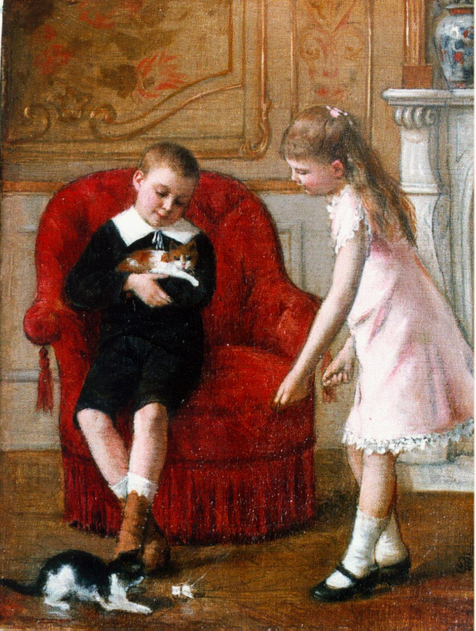 Roosenboom A.  | Albert Roosenboom, Playing with the kittens, Öl auf Leinwand 24,2 x 18,4 cm, signed l.r. with monogram und dated '86