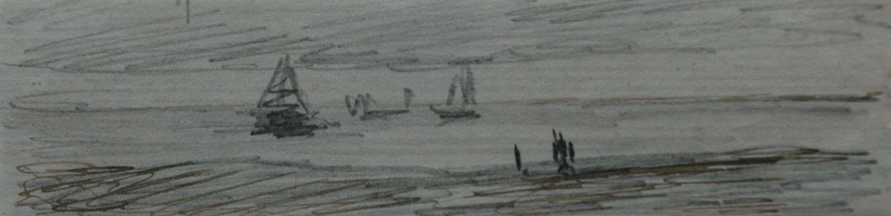 Mesdag H.W.  | Hendrik Willem Mesdag, Fishing boats on the North Sea, Bleistift, Feder in schwarzer Tinte auf Papier 2,5 x 12,3 cm