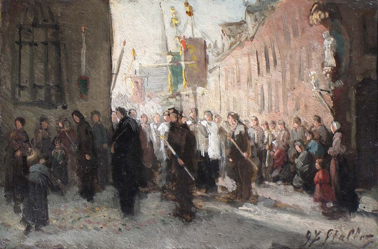 Staller G.J.  | Gerard Johan Staller, A procession with ensign bearers, Öl auf Pappe auf Holz 15,6 x 22,0 cm, signed l.r.