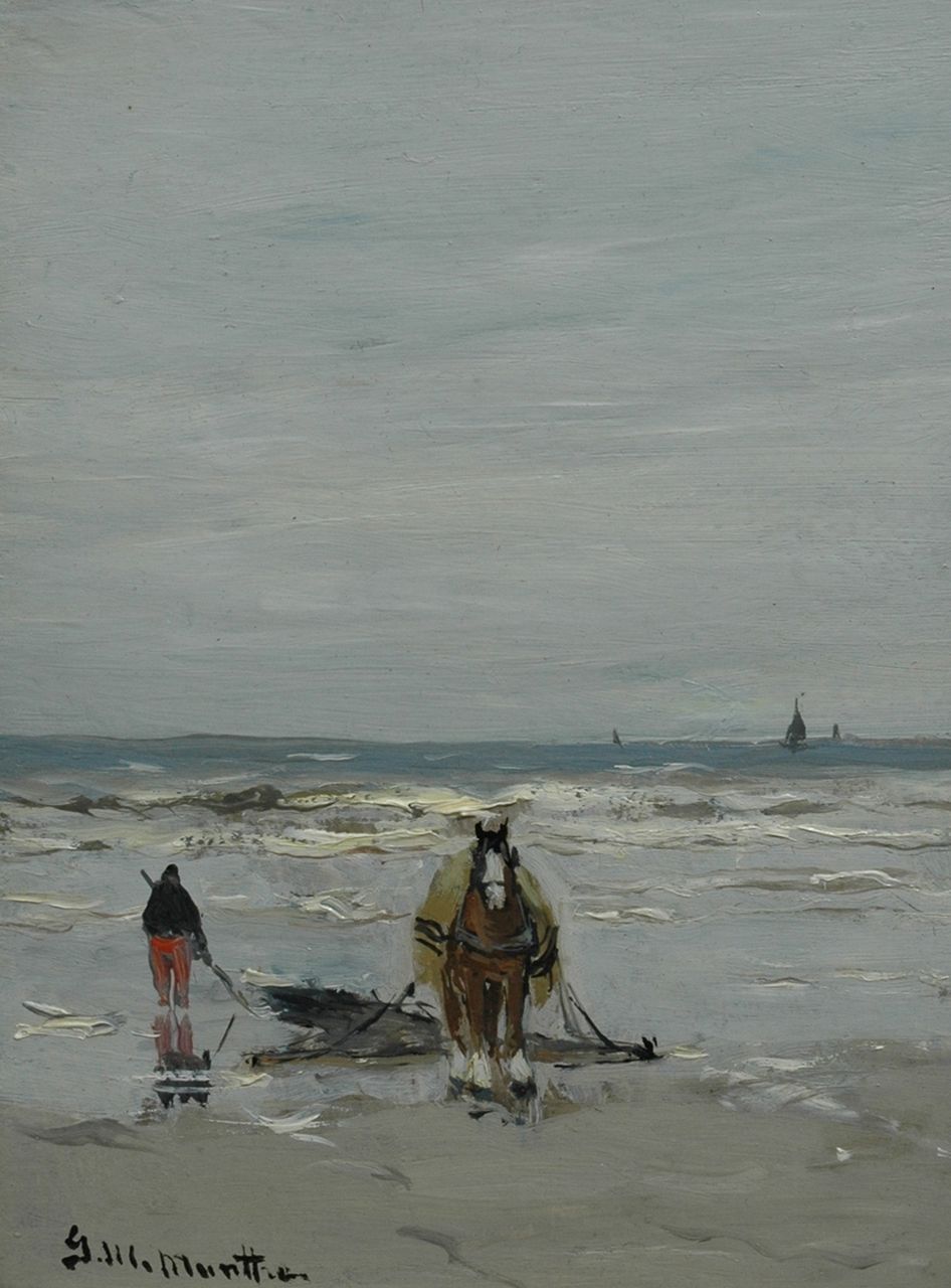 Munthe G.A.L.  | Gerhard Arij Ludwig 'Morgenstjerne' Munthe, Shell fisherman with horse and drag-net, Öl auf Malereifaser 20,0 x 14,9 cm, signed l.l. und painted 1925
