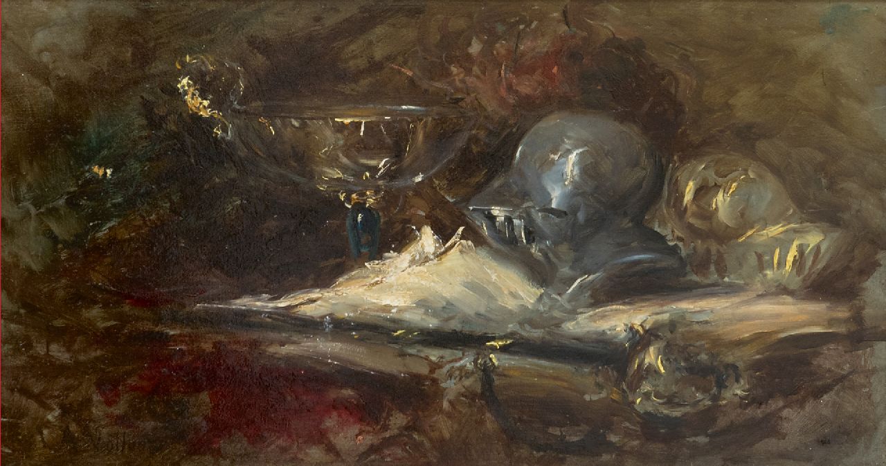 Vollon A.  | Antoine Vollon | Gemälde zum Verkauf angeboten | Stilleben mit Helm und Schwert, Öl auf Holz 22,3 x 41,8 cm, Unterzeichnet l.u.