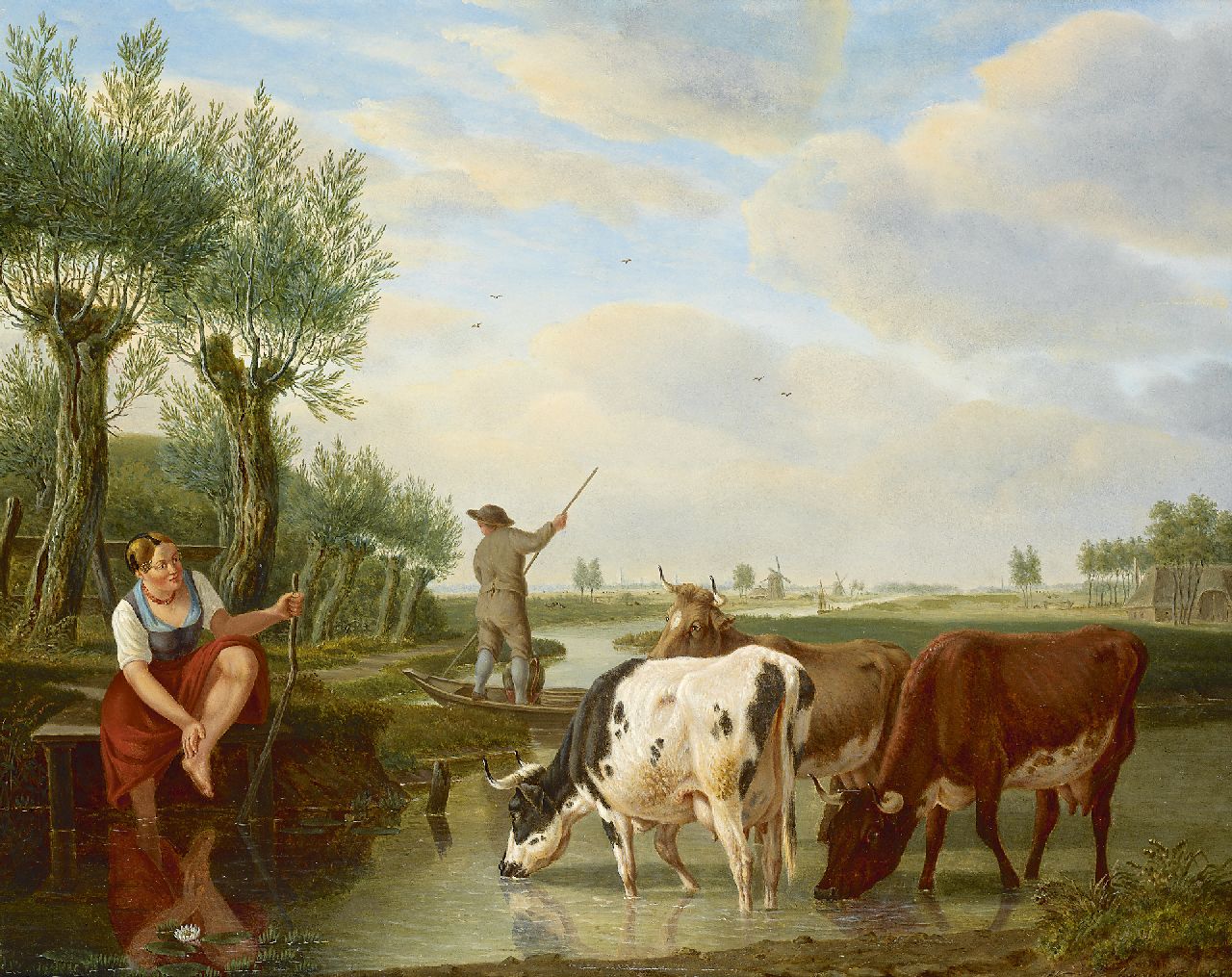 Martinus Kuytenbrouwer | Fährmann und trinkendes Vieh in holländischer Flusslandschaft, Öl auf Holz, 38,8 x 47,3 cm, Unterzeichnet r.u.
