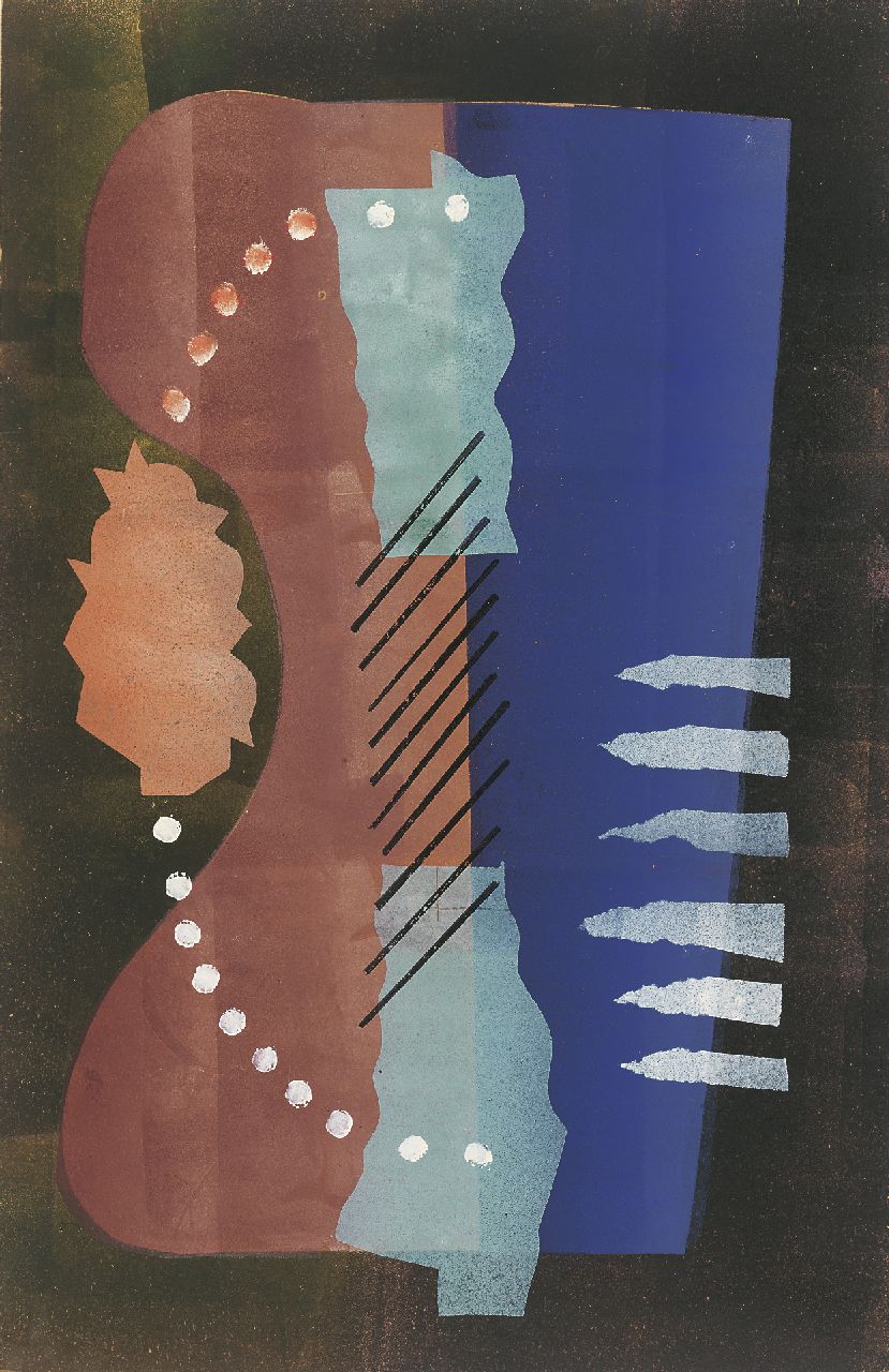 Werkman H.N.  | Hendrik Nicolaas Werkman, Composition, Stempel, Chablone, Farbwalze und Druckerfarbe auf Papier 49,9 x 32,2 cm, painted 1944 l.r.
