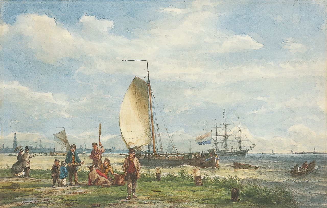 Koekkoek J.H.B.  | Johannes Hermanus Barend 'Jan H.B.' Koekkoek, Sailing vessels on the river IJ near Amsterdam, Aquarell auf Papier 22,0 x 34,0 cm, signed l.l. und dated 1865