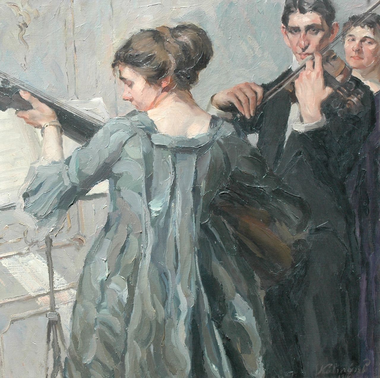 Kálmán P.  | Péter Kálmán, The duet, Öl auf Leinwand 98,6 x 98,9 cm, signed l.r. und dated 1912