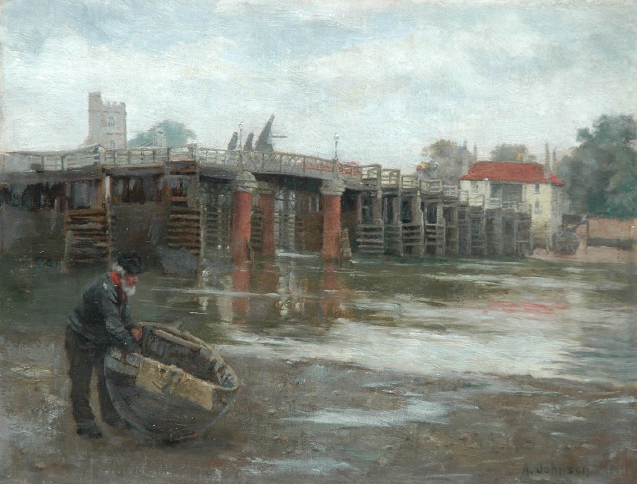 Johnson A.  | Alfred Johnson, The old bridge, Putney, Öl auf Leinwand auf Holz 26,4 x 34,3 cm, signed l.r.